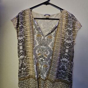 Lucky Brand Women's Black and Gold Patterned Blouse Size Medium